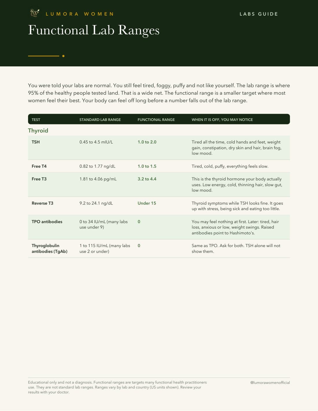 Functional Lab Ranges: the standard lab range, the functional range and common symptoms for thyroid, iron, vitamin, blood sugar, inflammation and hormone tests